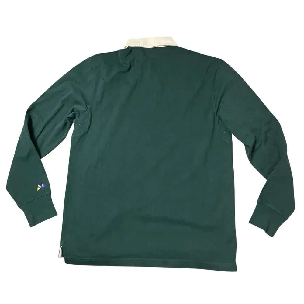 J Crew Rugby Shirt‎ Mens M TALL Green Long Sleeve Collared Cotton Elbow Patch